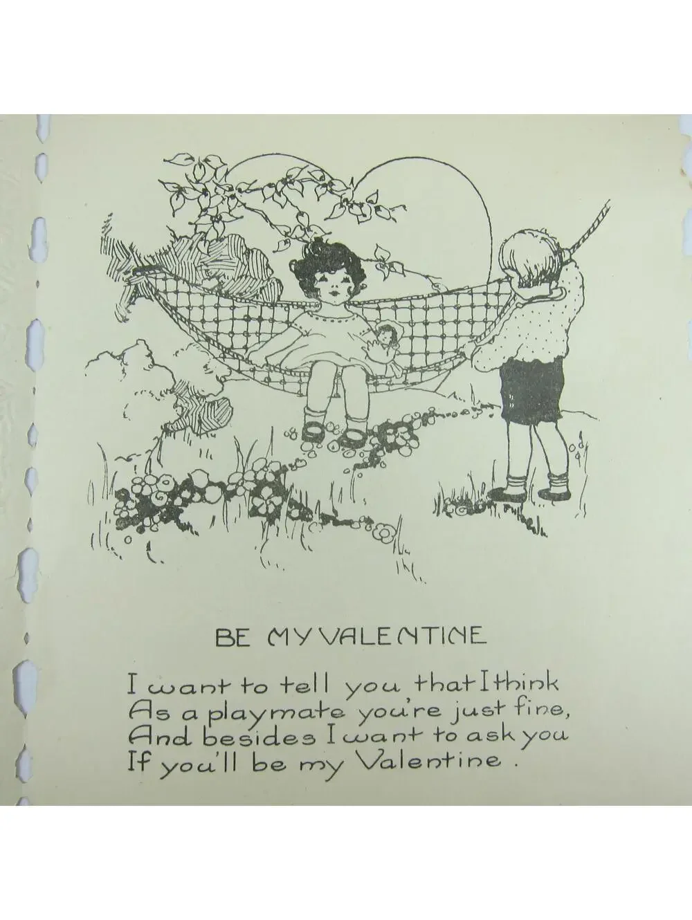 Antique Valentine Girl Pink Dress Cupid Purple Flowers Boy Hammock UNSIGNED